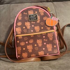 Sanrio Loungefly Hello Kitty Brown and Pink Backpack with charm